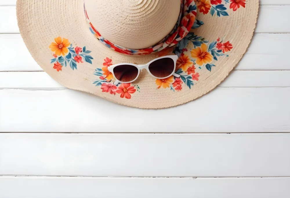 A White Sun Hat With A Floral Scarf And White Sunglasses On A White Wooden Surface Summer Vacation Concept Top View 7 E870