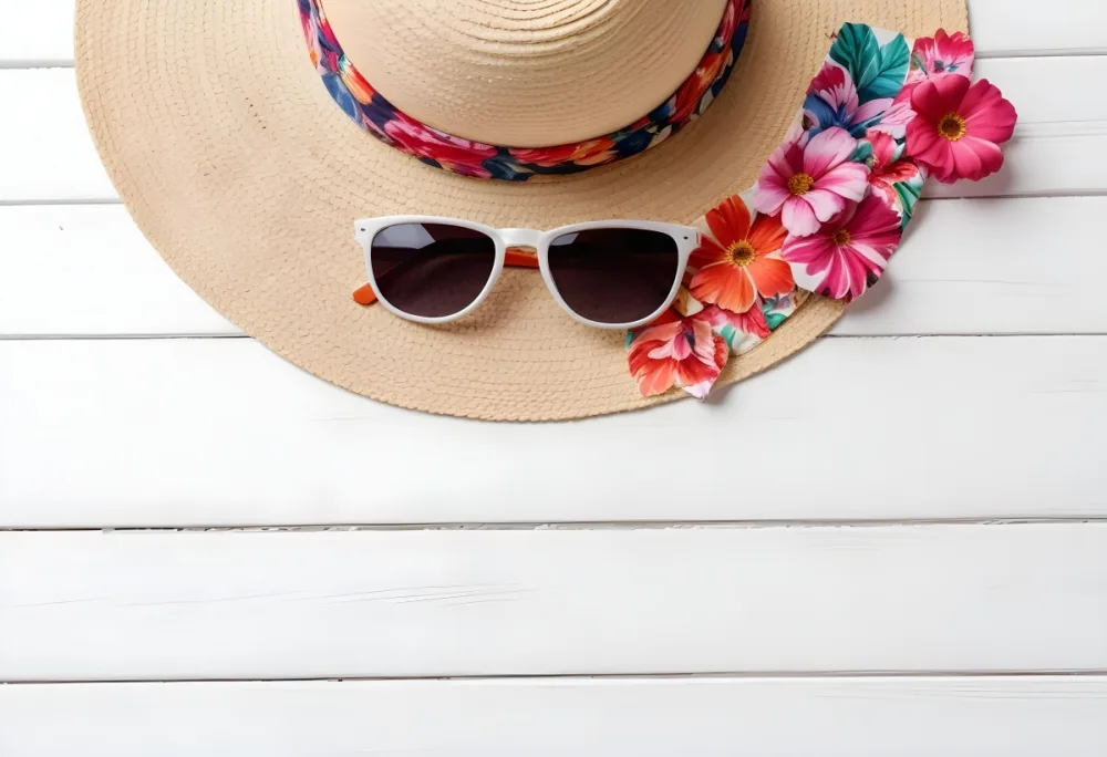 A White Sun Hat With A Floral Scarf And White Sunglasses On A White Wooden Surface Summer Vacation Concept Top View 8 E3b6