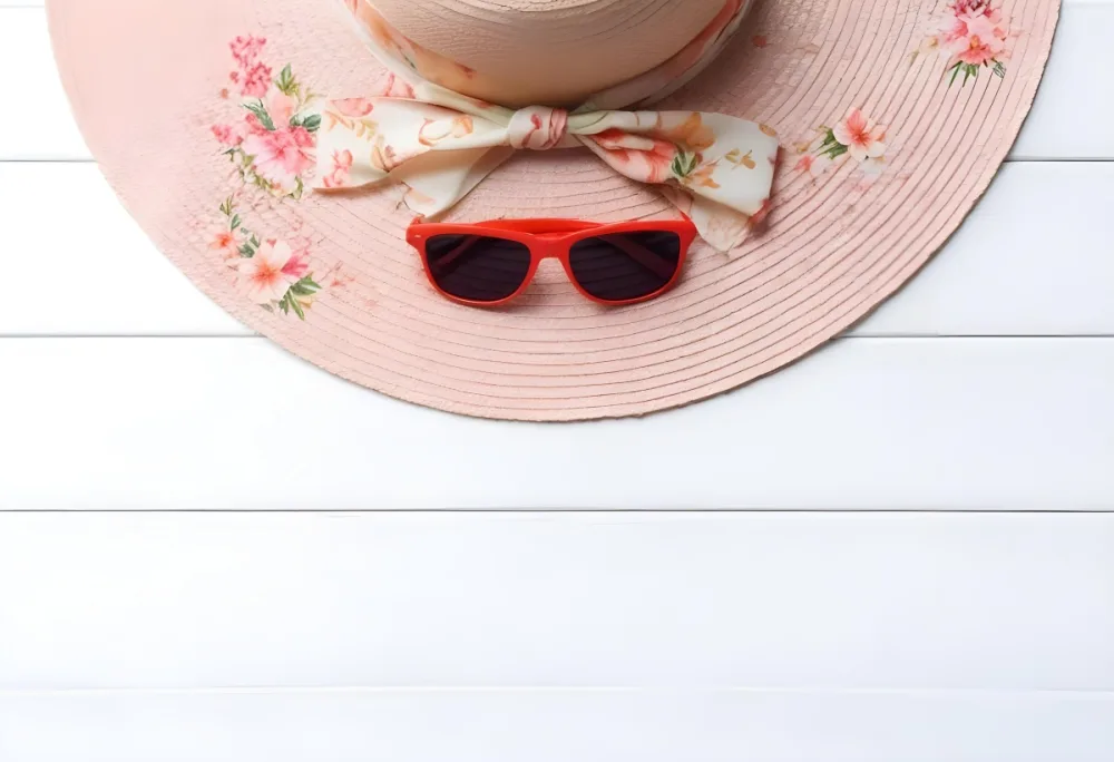 A White Sun Hat With A Floral Scarf And White Sunglasses On A White Wooden Surface Summer Vacation Concept Top View 9 41d3