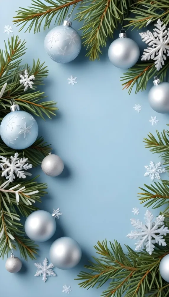 A Winter Holiday Background With Pine Branches Snowflakes And Christmas Ornaments On A Light Blue Background 5