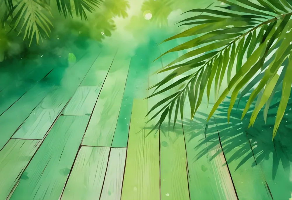 A Wooden Floor With A Palm Tree Leaf On The Right Side In A Bright Green Bokeh Background 27 B0a0