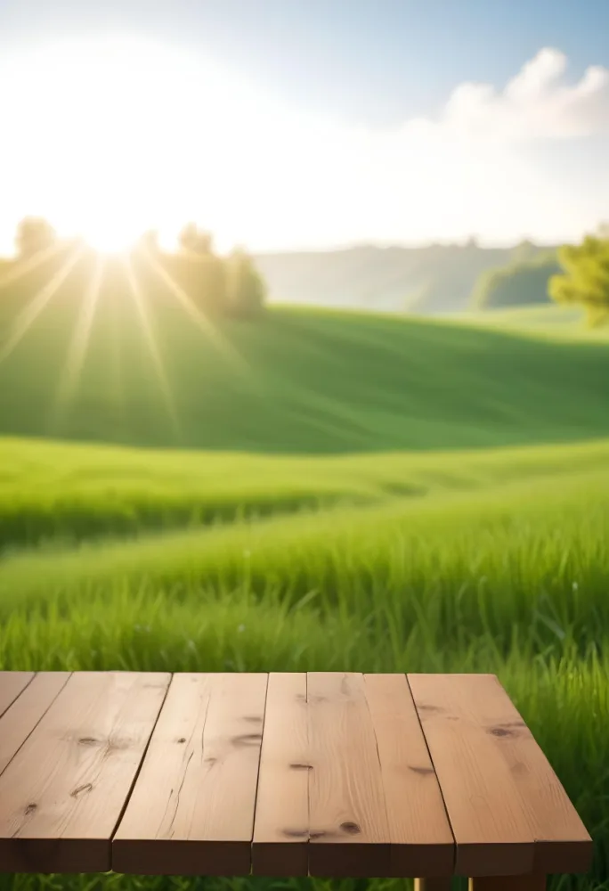 A Wooden Table With A Green Field In The Background The Sun Is Shining And The Sky Is Clear The Grass Is Green And Lush 20 E407