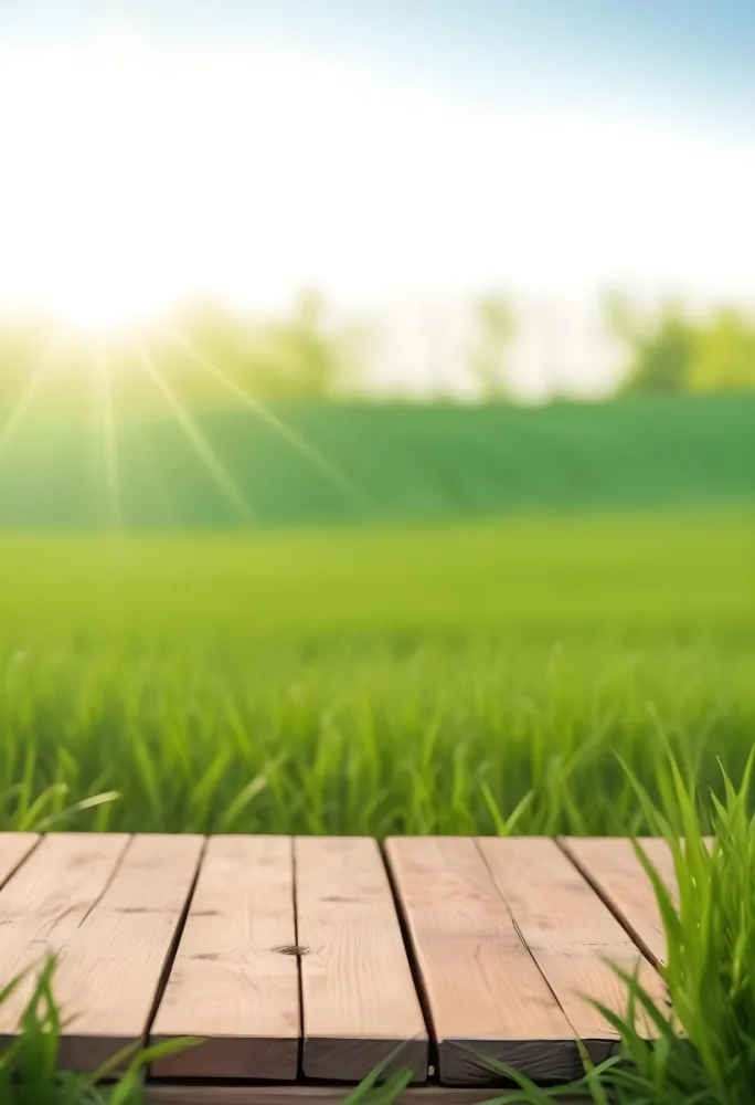 A Wooden Table With A Green Field In The Background The Sun Is Shining And The Sky Is Clear The Grass Is Green And Lush 22 11b8