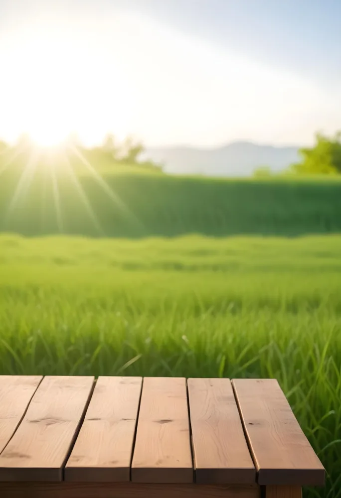 A Wooden Table With A Green Field In The Background The Sun Is Shining And The Sky Is Clear The Grass Is Green And Lush 3 5527