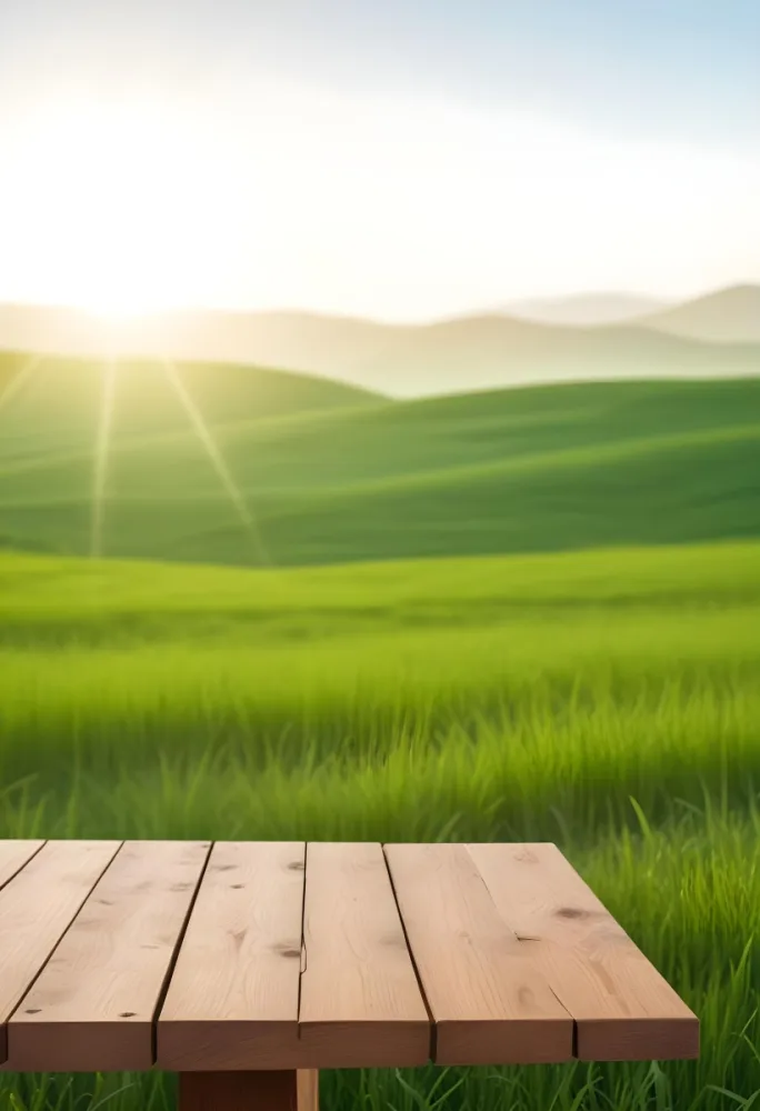 A Wooden Table With A Green Field In The Background The Sun Is Shining And The Sky Is Clear The Grass Is Green And Lush 35 48e6