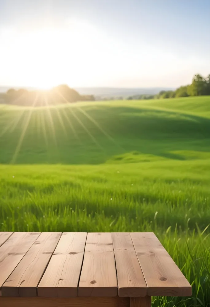 A Wooden Table With A Green Field In The Background The Sun Is Shining And The Sky Is Clear The Grass Is Green And Lush 4 1470