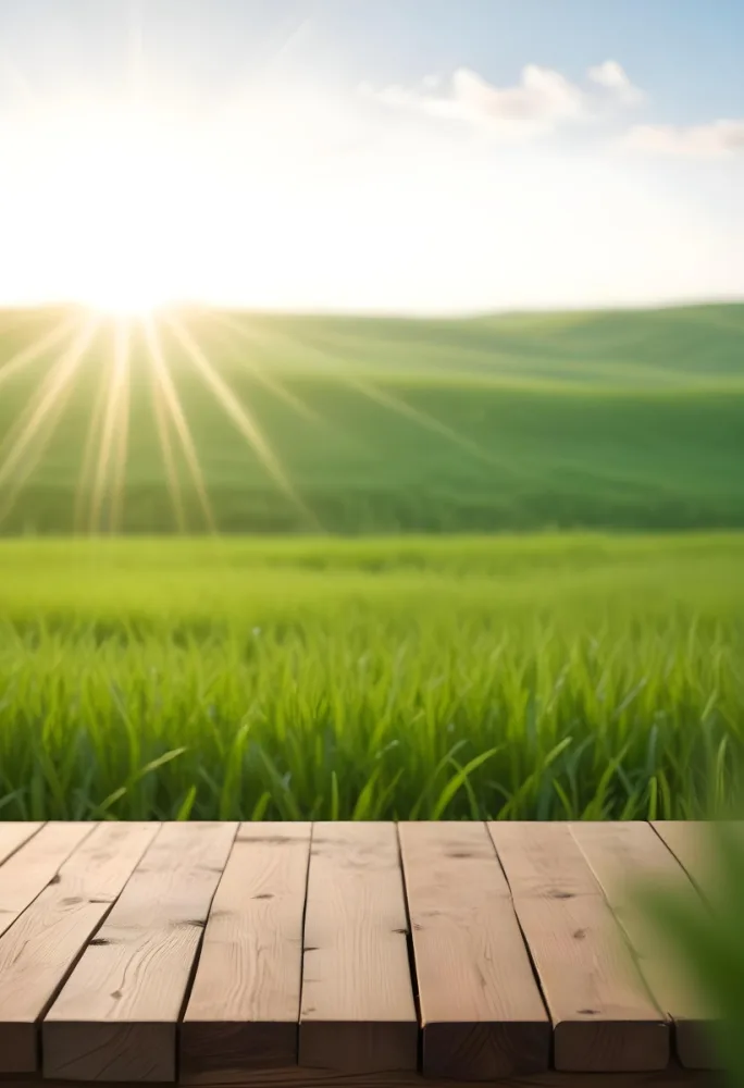 A Wooden Table With A Green Field In The Background The Sun Is Shining And The Sky Is Clear The Grass Is Green And Lush 43 29ac