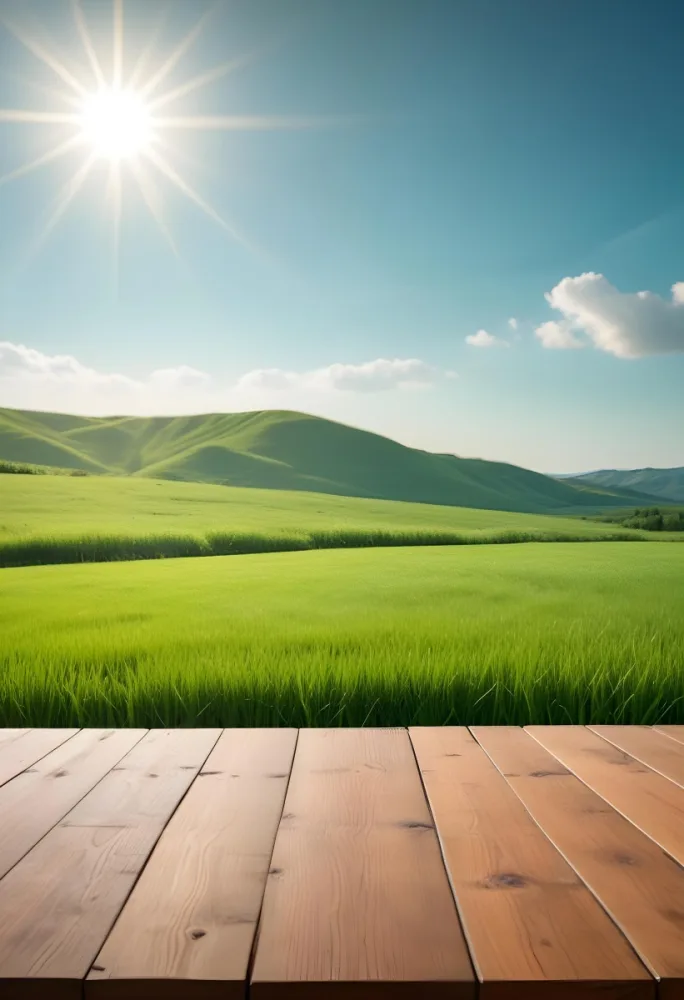 A Wooden Table With A Green Field In The Background The Sun Is Shining And The Sky Is Clear The Grass Is Green And Lush 50 B4c7