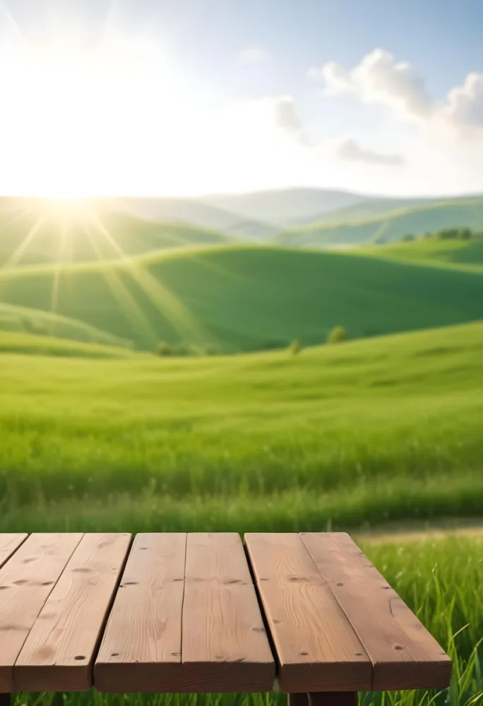 A Wooden Table With A Green Field In The Background The Sun Is Shining And The Sky Is Clear The Grass Is Green And Lush 51 Cde0
