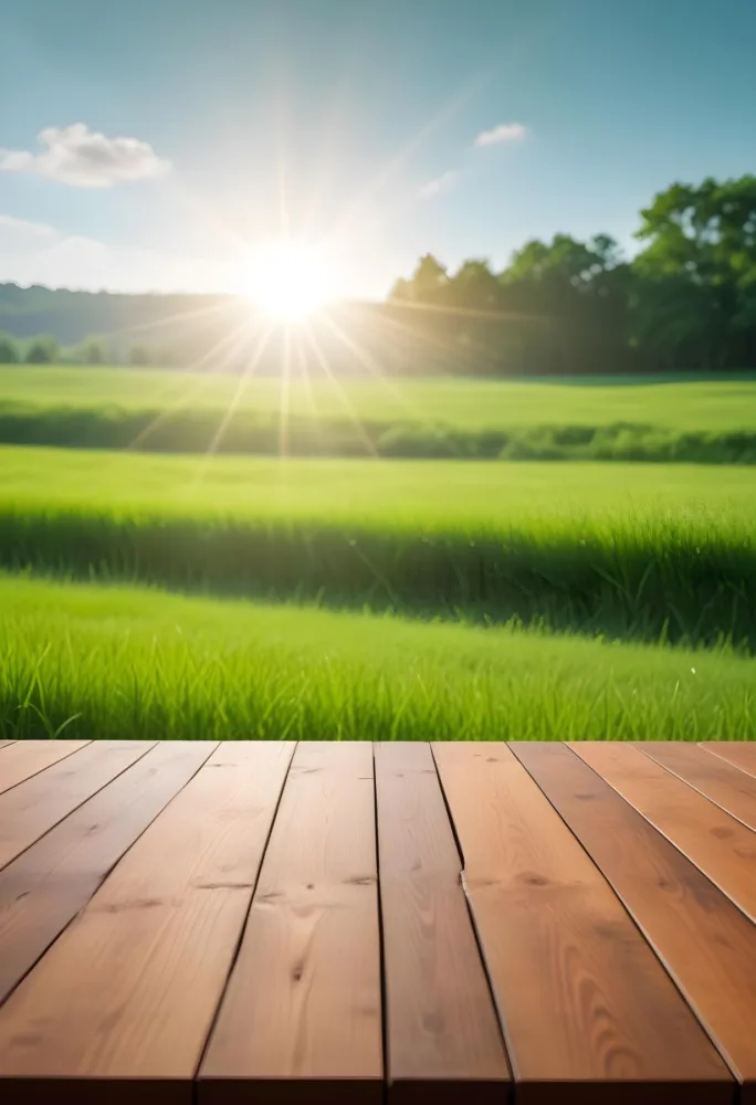 A Wooden Table With A Green Field In The Background The Sun Is Shining And The Sky Is Clear The Grass Is Green And Lush 52 C451