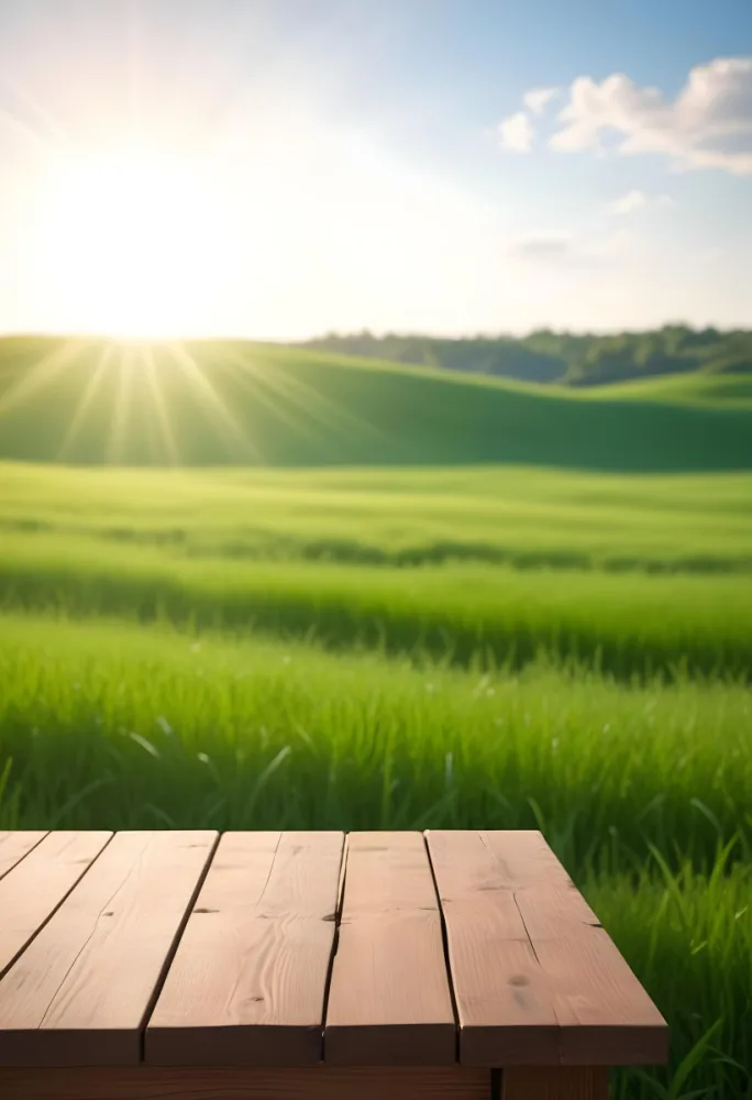 A Wooden Table With A Green Field In The Background The Sun Is Shining And The Sky Is Clear The Grass Is Green And Lush 54 8334