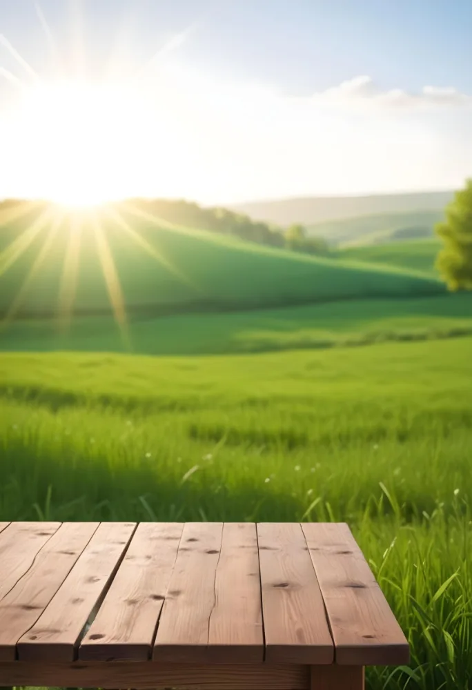 A Wooden Table With A Green Field In The Background The Sun Is Shining And The Sky Is Clear The Grass Is Green And Lush 55 Ea99