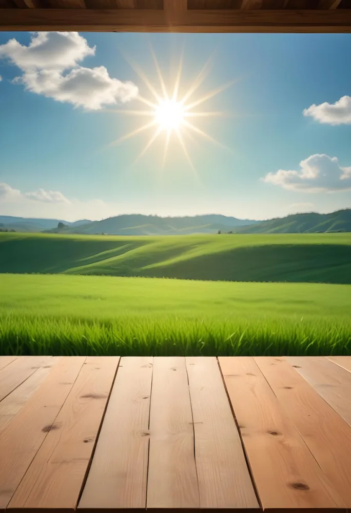 A Wooden Table With A Green Field In The Background The Sun Is Shining And The Sky Is Clear The Grass Is Green And Lush 7 6491