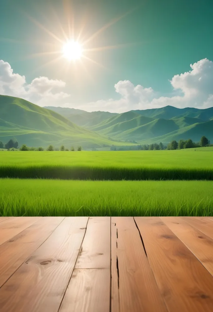 A Wooden Table With A Green Field In The Background The Sun Is Shining And The Sky Is Clear The Grass Is Green And Lush 9 F551