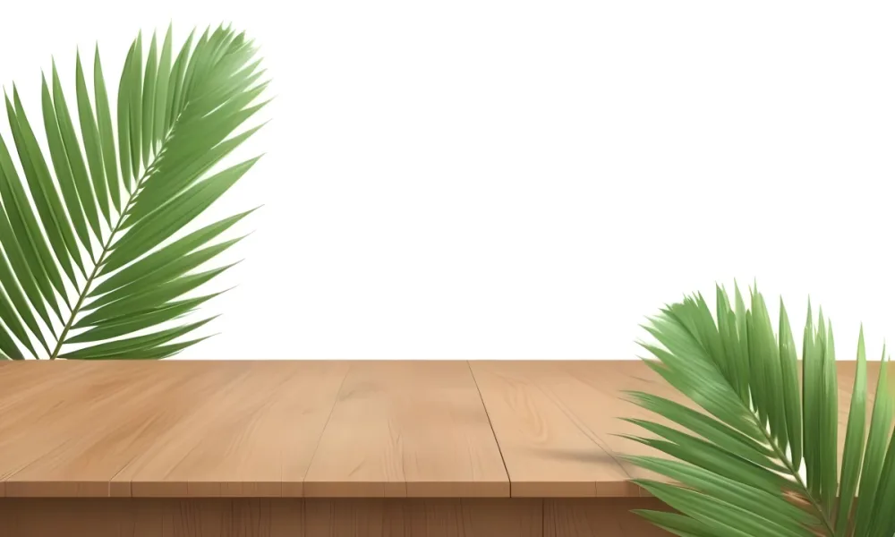 A Wooden Table With Palm Leaves On The Sides The Background Is White The Scene Is Illuminated With A Soft Light The Perspective Is From The Front 20 Cfb4
