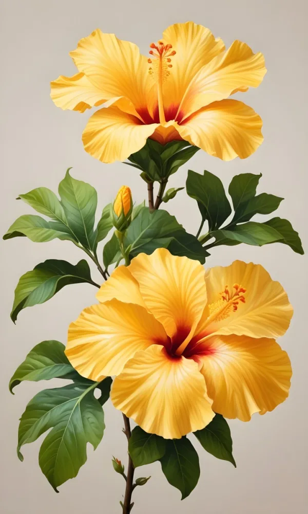 A Yellow Hibiscus Flower With Yellow Leaves And Stem Isolated On A White Background Detailed Petals And Pollen Vibrant Colors Botanical Illustration 34 Eeee