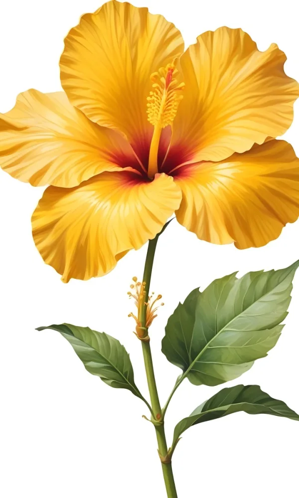 A Yellow Hibiscus Flower With Yellow Leaves And Stem Isolated On A White Background Detailed Petals And Pollen Vibrant Colors Botanical Illustration 42 7037
