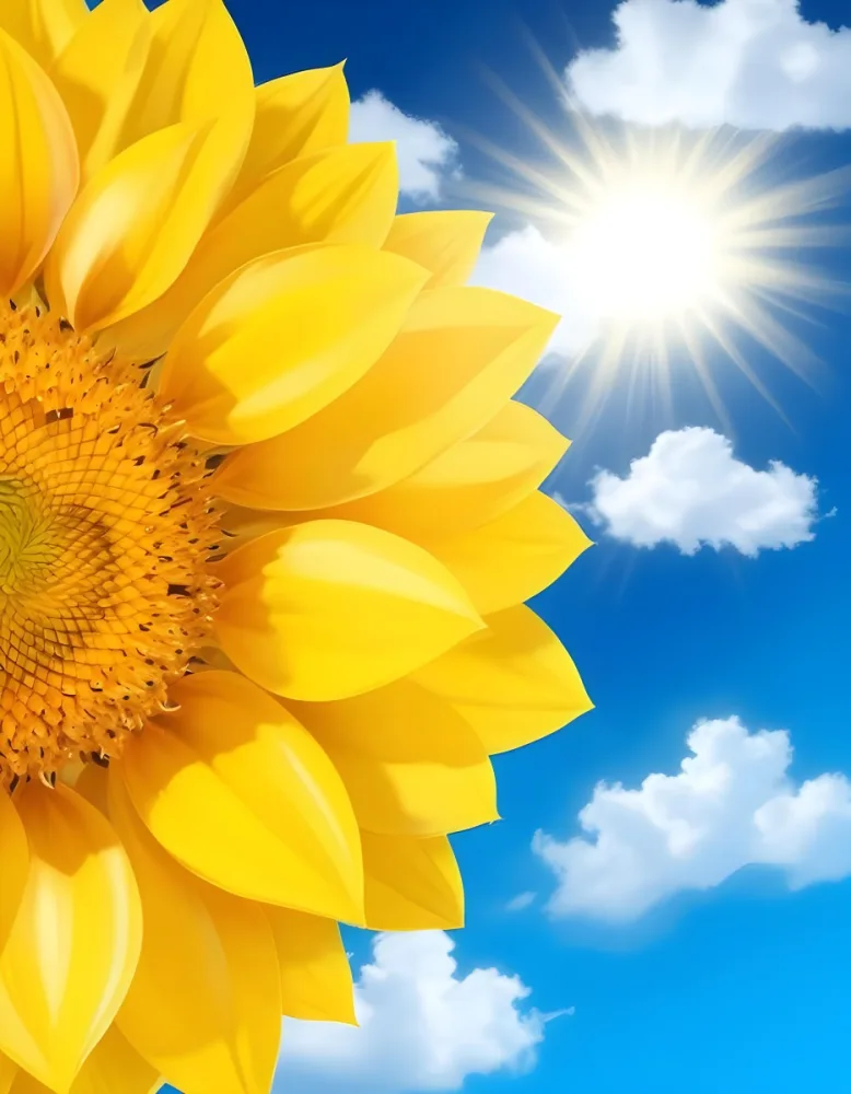 A Yellow Sunflower With A White Center Bright Sun And White Clouds In A Blue Sky Sunny Day Vibrant Colors Detailed Petals 79 Df41