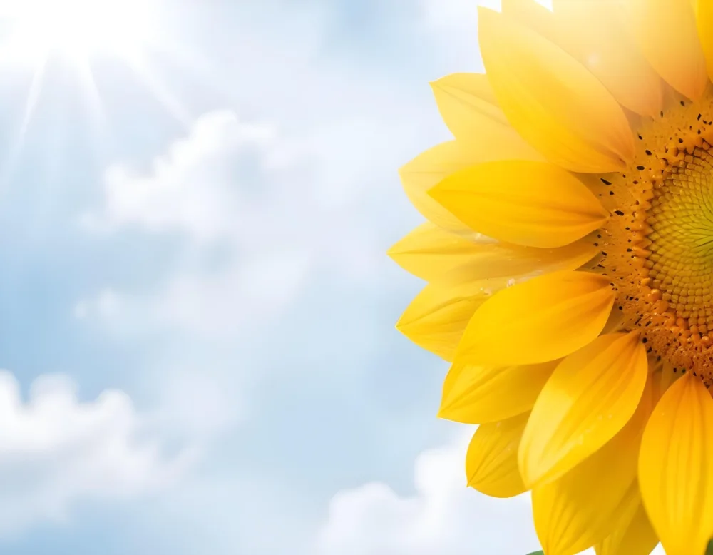 A Yellow Sunflower With A White Center On A White Background With White Clouds And Bokeh Effect Bright Light Close Up 41 E0e0