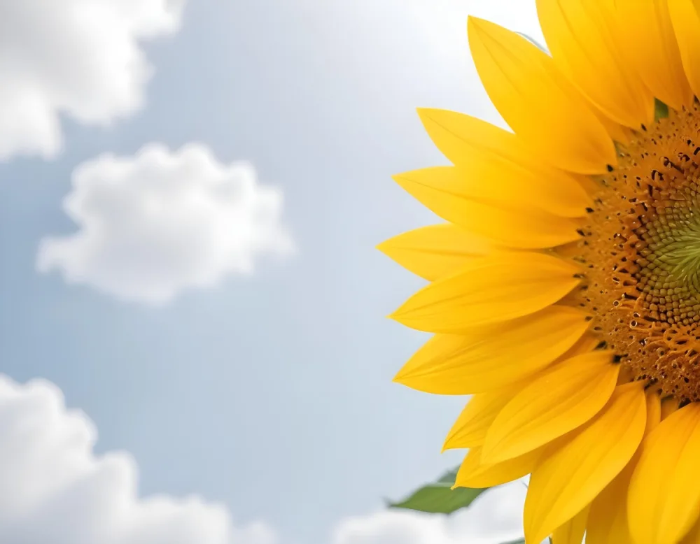 A Yellow Sunflower With A White Center On A White Background With White Clouds And Bokeh Effect Bright Light Close Up 6 18a8