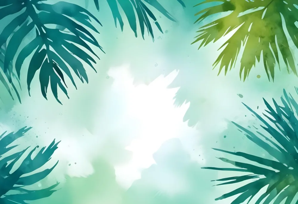 Abstract Background With Bokeh Effect And Palm Tree Leaves On The Top Right Corner Light Green And Turquoise Colors 13 4f52