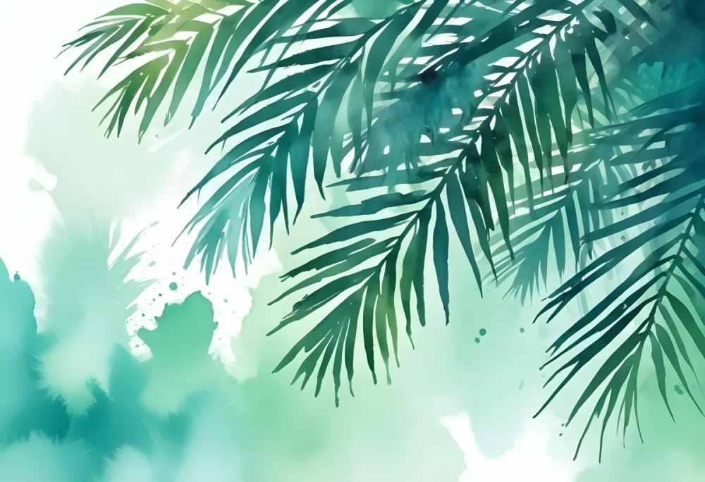 Abstract Background With Bokeh Effect And Palm Tree Leaves On The Top Right Corner Light Green And Turquoise Colors 7 Ca5a