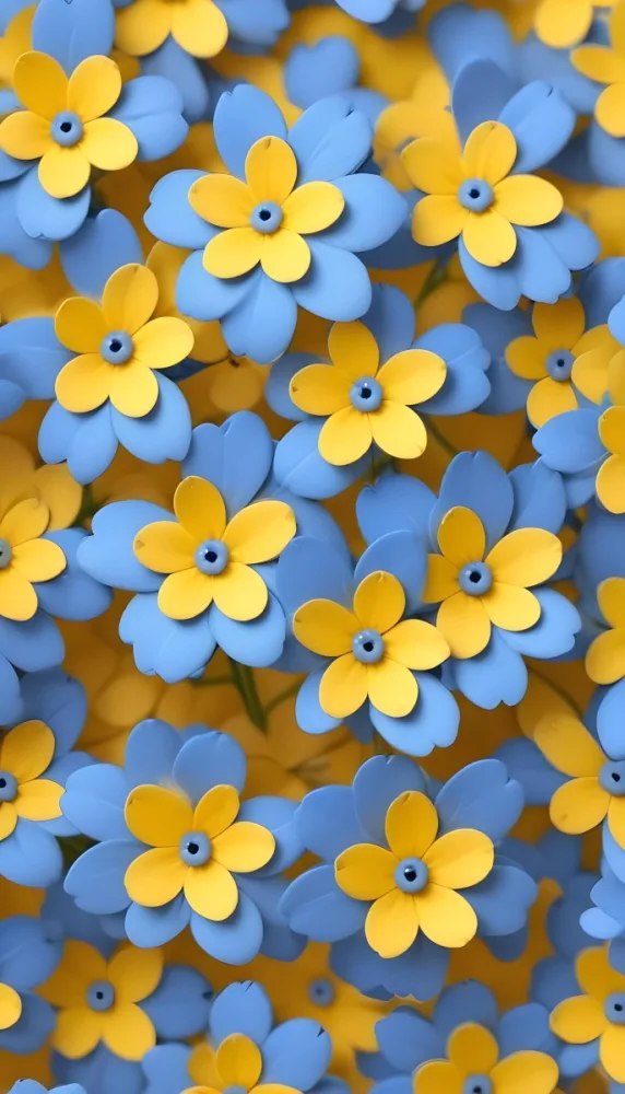 Adorable Cartoon Style Forget Me Not Flowers With Five Yellow Petals And A Blue Center Arranged On A Yellow Background With Stems And Buds Visible Creating A Delicate Floral Pattern 3d Render Cartoon 14 8c14