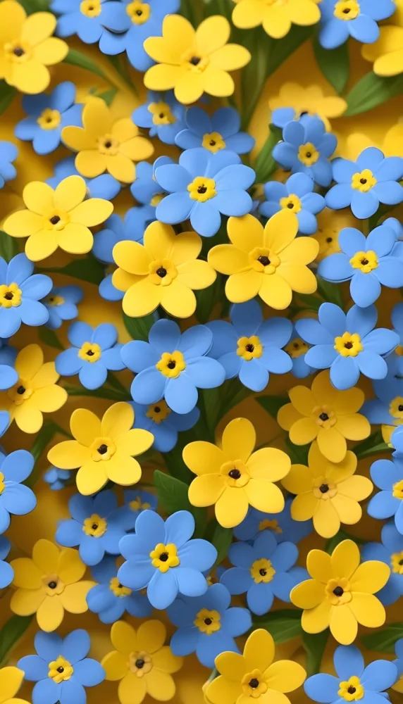 Adorable Cartoon Style Forget Me Not Flowers With Five Yellow Petals And A Blue Center Arranged On A Yellow Background With Stems And Buds Visible Creating A Delicate Floral Pattern 3d Render Cartoon 16 Bf03