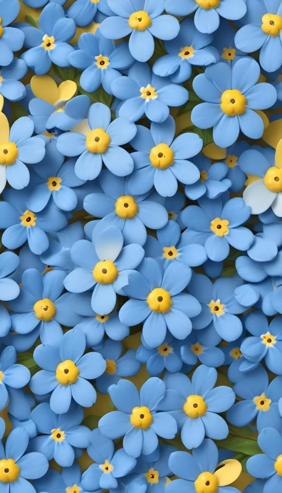 Adorable Cartoon Style Forget Me Not Flowers With Five Yellow Petals And A Blue Center Arranged On A Yellow Background With Stems And Buds Visible Creating A Delicate Floral Pattern 3d Render Cartoon 22 Bc2a