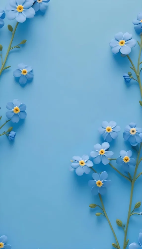 Adorable Cartoon Style Forget Me Not Flowers With Five Yellow Petals And A Blue Center Arranged On A Yellow Background With Stems And Buds Visible Creating A Delicate Floral Pattern 3d Render Cartoon 34 Fbd9