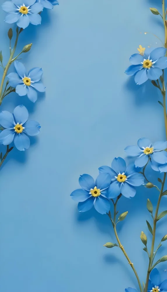Adorable Cartoon Style Forget Me Not Flowers With Five Yellow Petals And A Blue Center Arranged On A Yellow Background With Stems And Buds Visible Creating A Delicate Floral Pattern 3d Render Cartoon 37 B2e3