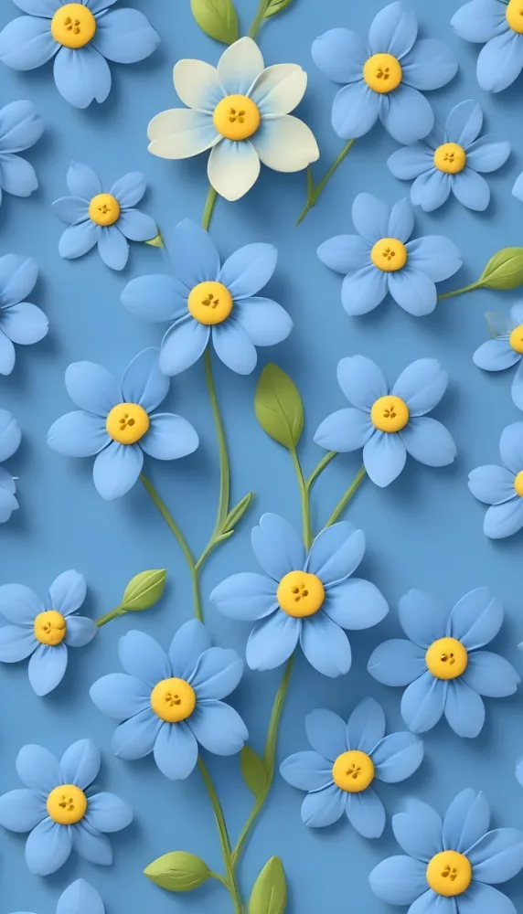 Adorable Cartoon Style Forget Me Not Flowers With Five Yellow Petals And A Blue Center Arranged On A Yellow Background With Stems And Buds Visible Creating A Delicate Floral Pattern 3d Render Cartoon 38 D401