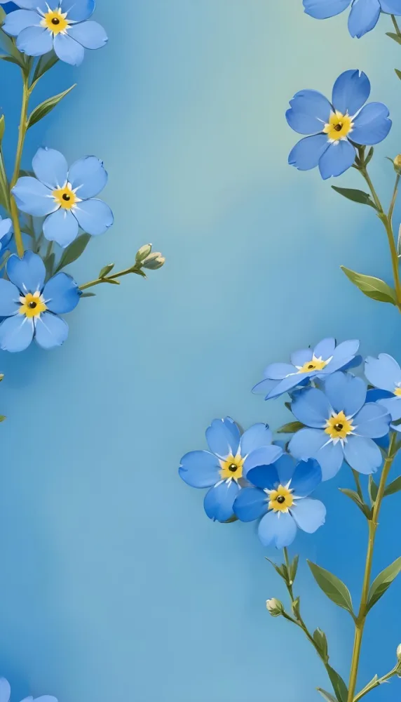 Adorable Cartoon Style Forget Me Not Flowers With Five Yellow Petals And A Blue Center Arranged On A Yellow Background With Stems And Buds Visible Creating A Delicate Floral Pattern 3d Render Cartoon 41 C630