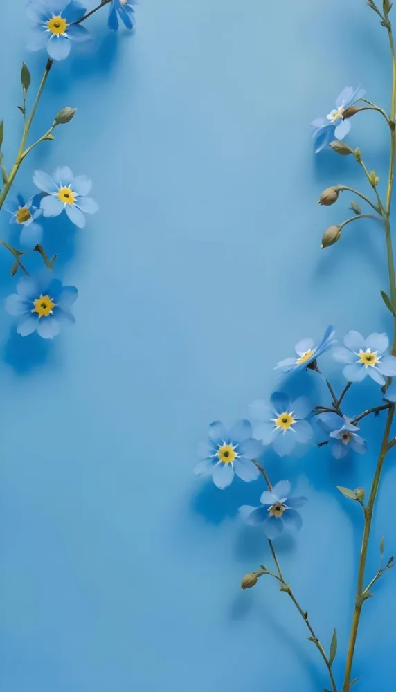 Adorable Cartoon Style Forget Me Not Flowers With Five Yellow Petals And A Blue Center Arranged On A Yellow Background With Stems And Buds Visible Creating A Delicate Floral Pattern 3d Render Cartoon 49 C62a