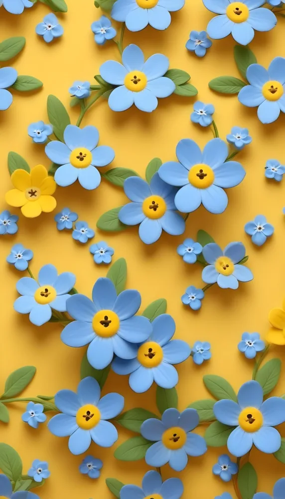 Adorable Cartoon Style Forget Me Not Flowers With Five Yellow Petals And A Blue Center Arranged On A Yellow Background With Stems And Buds Visible Creating A Delicate Floral Pattern 3d Render Cartoon 5 6d17