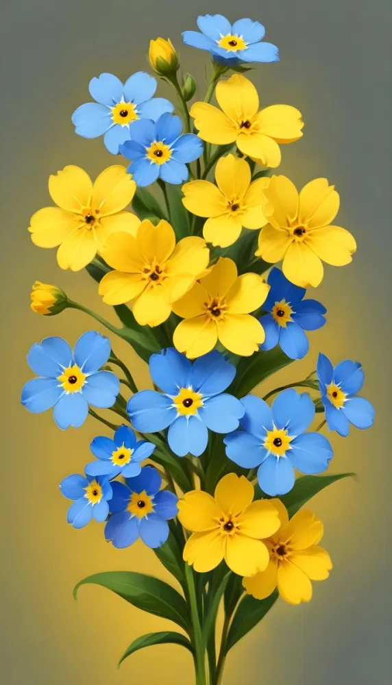 Adorable Cartoon Style Forget Me Not Flowers With Five Yellow Petals And A Blue Center Arranged On A Yellow Background With Stems And Buds Visible Creating A Delicate Floral Pattern 3d Render Cartoon 6 988f