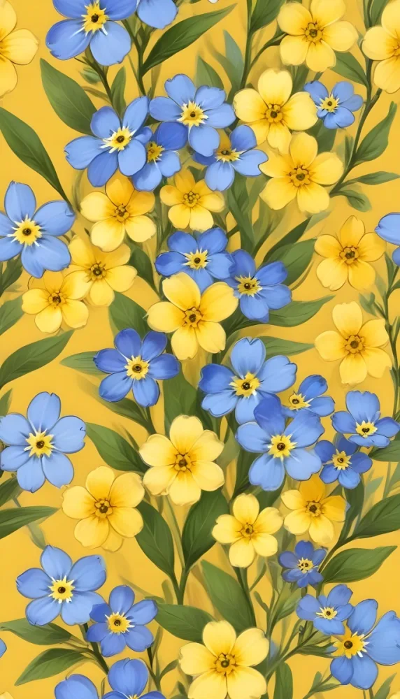 Adorable Cartoon Style Forget Me Not Flowers With Five Yellow Petals And A Blue Center Arranged On A Yellow Background With Stems And Buds Visible Creating A Delicate Floral Pattern 3d Render Cartoon 7 394d