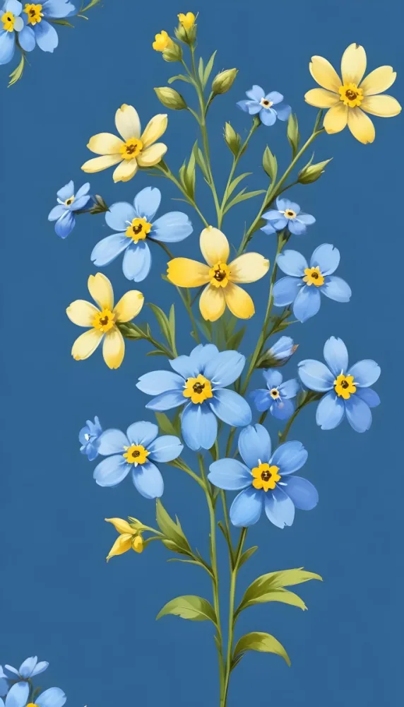 Adorable Cartoon Style Forget Me Not Flowers With Five Yellow Petals And A Blue Center Arranged On A Yellow Background With Stems And Buds Visible Creating A Delicate Floral Pattern 3d Render Cartoon 9 4c77