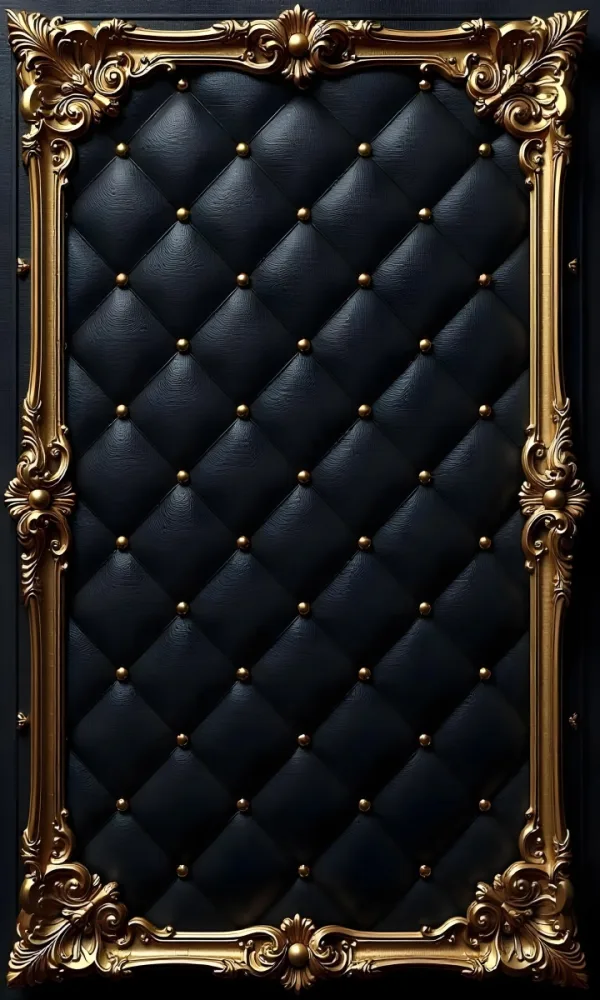 Black Quilted Leather Background With Gold Studs Surrounded By An Ornate Gold Frame With Floral Details Dark And Luxurious 1 F6c6