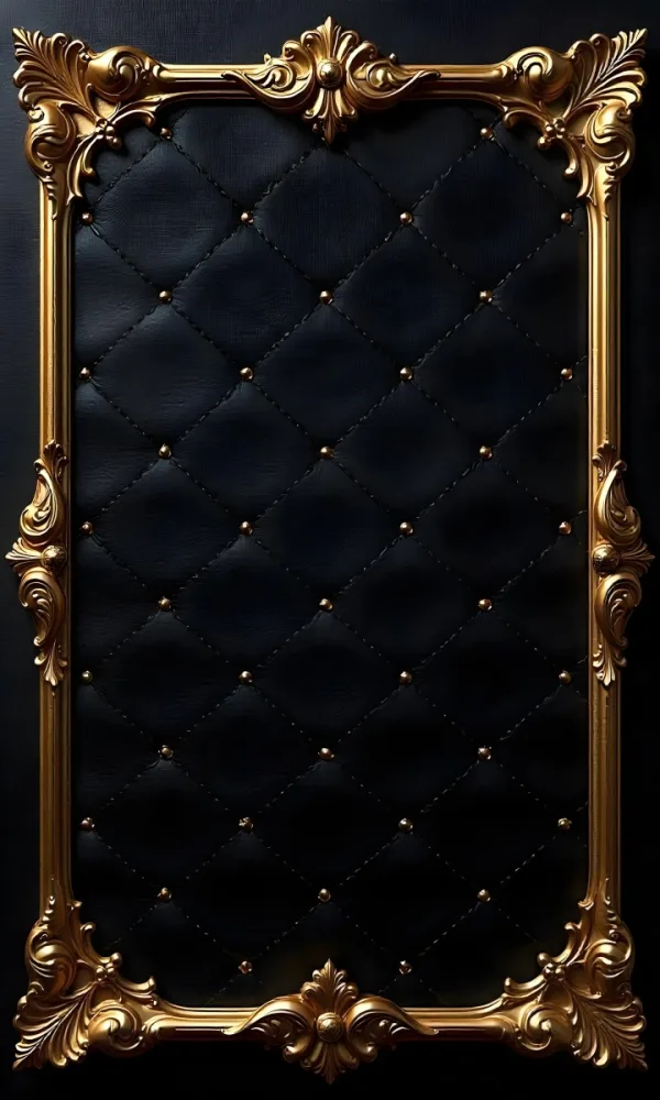 Black Quilted Leather Background With Gold Studs Surrounded By An Ornate Gold Frame With Floral Details Dark And Luxurious 13 2f2b