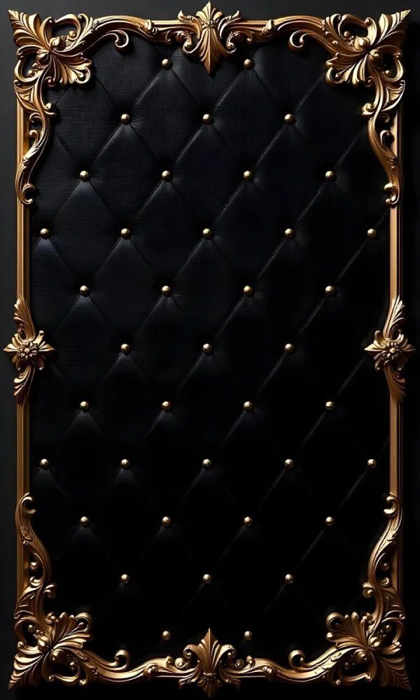 Black Quilted Leather Background With Gold Studs Surrounded By An Ornate Gold Frame With Floral Details Dark And Luxurious 27 0564