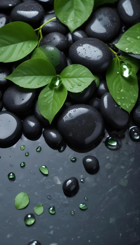 Black Stones With Water Droplets And Green Leaves Scattered On Top Creating A Natural And Fresh Appearance 1 E582