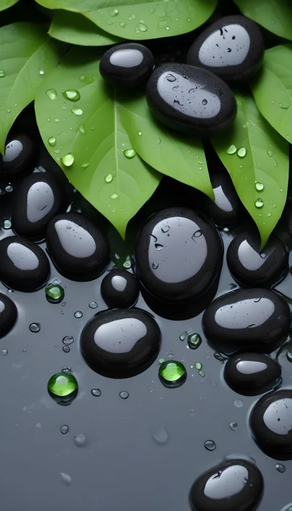 Black Stones With Water Droplets And Green Leaves Scattered On Top Creating A Natural And Fresh Appearance 12 Ea32