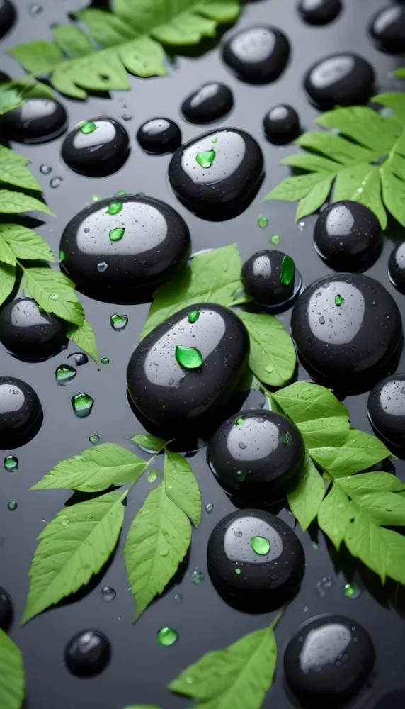 Black Stones With Water Droplets And Green Leaves Scattered On Top Creating A Natural And Fresh Appearance 13 5384