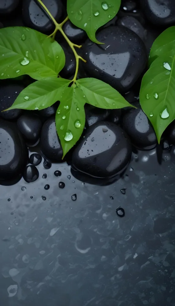 Black Stones With Water Droplets And Green Leaves Scattered On Top Creating A Natural And Fresh Appearance 16 Fd38