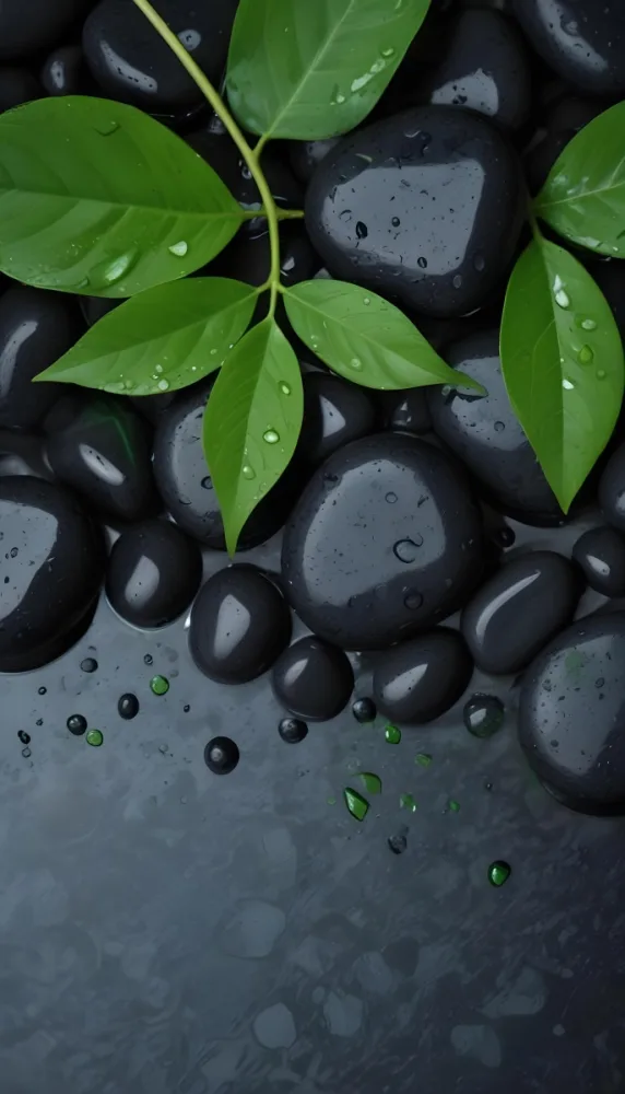 Black Stones With Water Droplets And Green Leaves Scattered On Top Creating A Natural And Fresh Appearance 18 C556