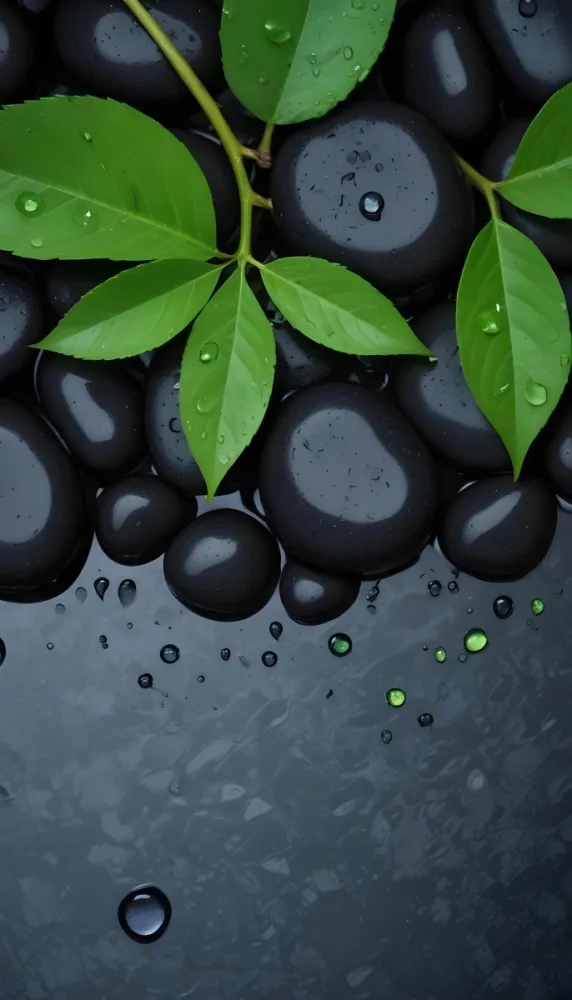 Black Stones With Water Droplets And Green Leaves Scattered On Top Creating A Natural And Fresh Appearance 21 Ba6d