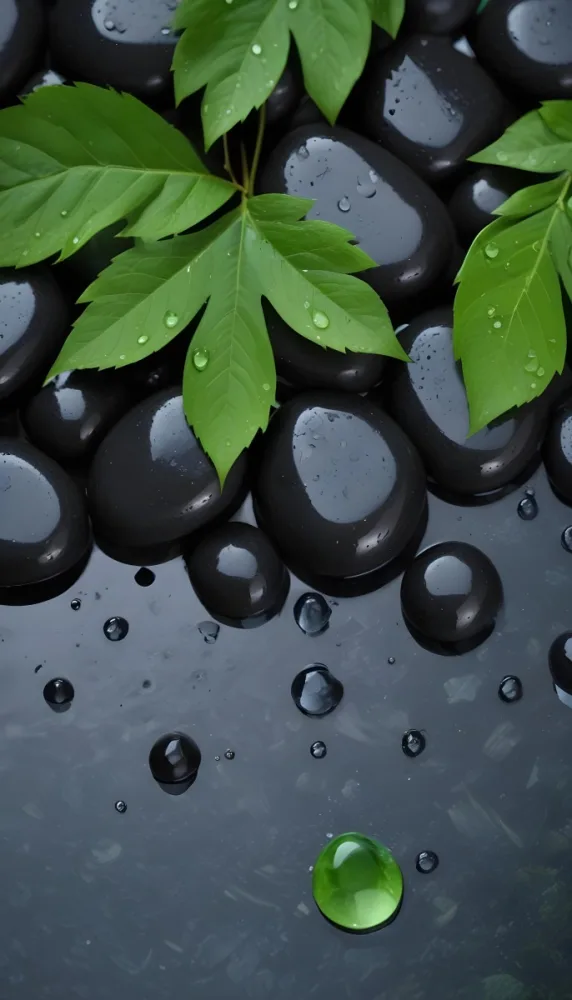 Black Stones With Water Droplets And Green Leaves Scattered On Top Creating A Natural And Fresh Appearance 22 Aab6