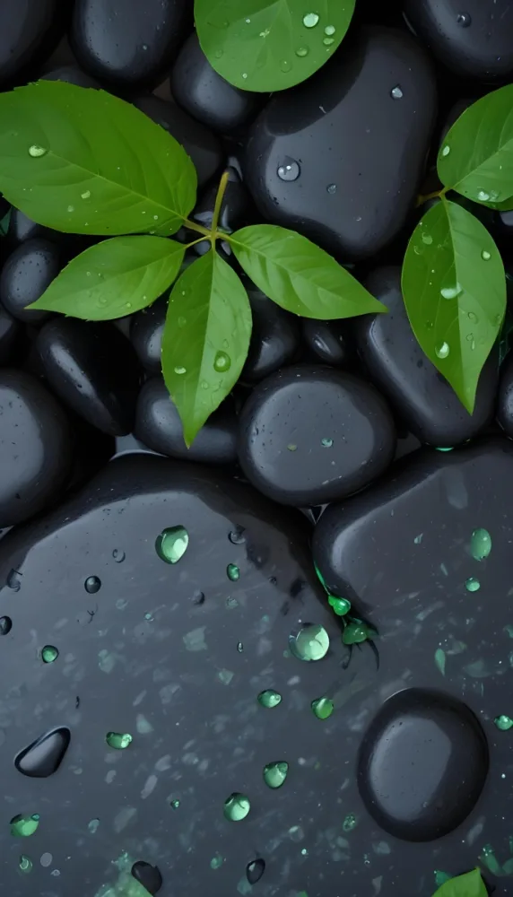 Black Stones With Water Droplets And Green Leaves Scattered On Top Creating A Natural And Fresh Appearance 24 Ff86