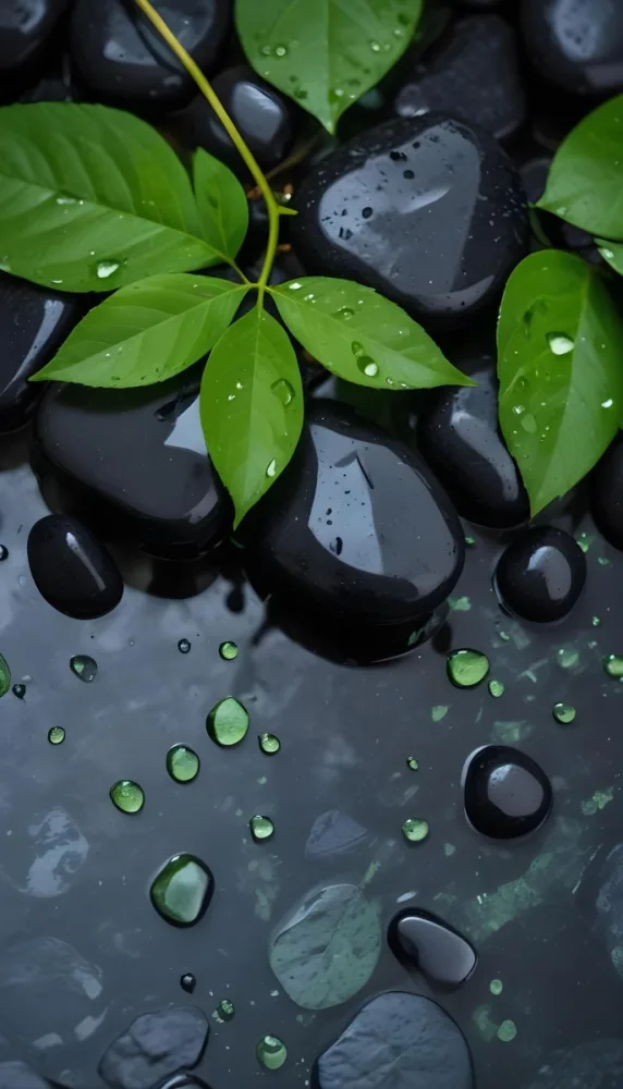 Black Stones With Water Droplets And Green Leaves Scattered On Top Creating A Natural And Fresh Appearance 25 23d5